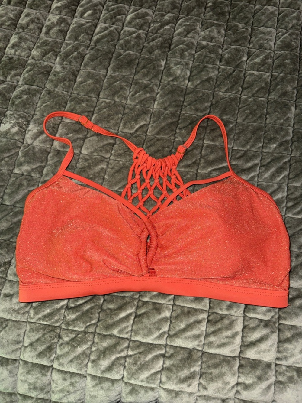 Time and Tru Shimmery Coral Macramé-Back Bikini Top